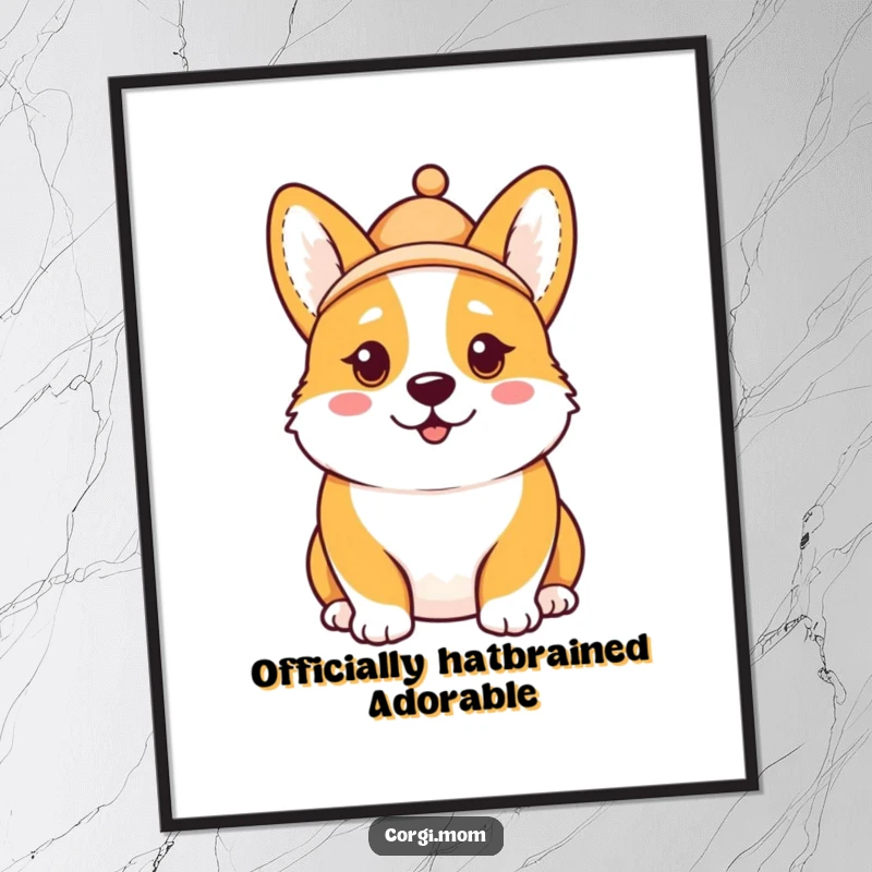 Funny free printable wall art: A kawaii Corgi with a hilariously goofy expression wears a small hat tilted perfectly askew.