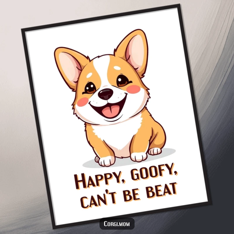 Funny Free Printable Kawaii Corgi Wall Art: Panting dog with a huge, goofy smile, tongue lolling out, radiating pure, unadulterated Corgi joy.