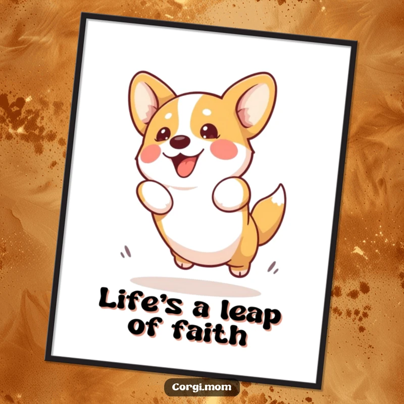 Funny Free Printable Wall Art: Kawaii Corgi in mid-jump, full of playful energy and adorable, whimsical charm.
