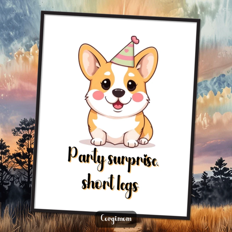 Free Printable Wall Art: A funny Kawaii Corgi wearing a small party hat, looking hilariously surprised, ready for fun.