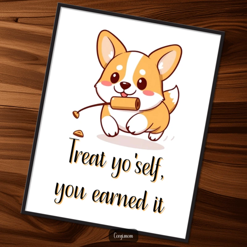 Funny Free Printable Wall Art: A kawaii Corgi with a determined expression chases a rolling treat, embodying focus.