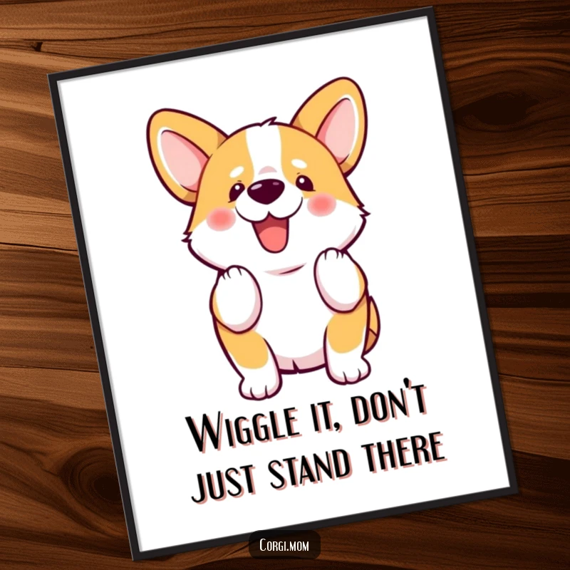 Funny Free Printable Wall Art: A kawaii Corgi enthusiastically wiggles its stubby tail, bringing pure, unadulterated joy.