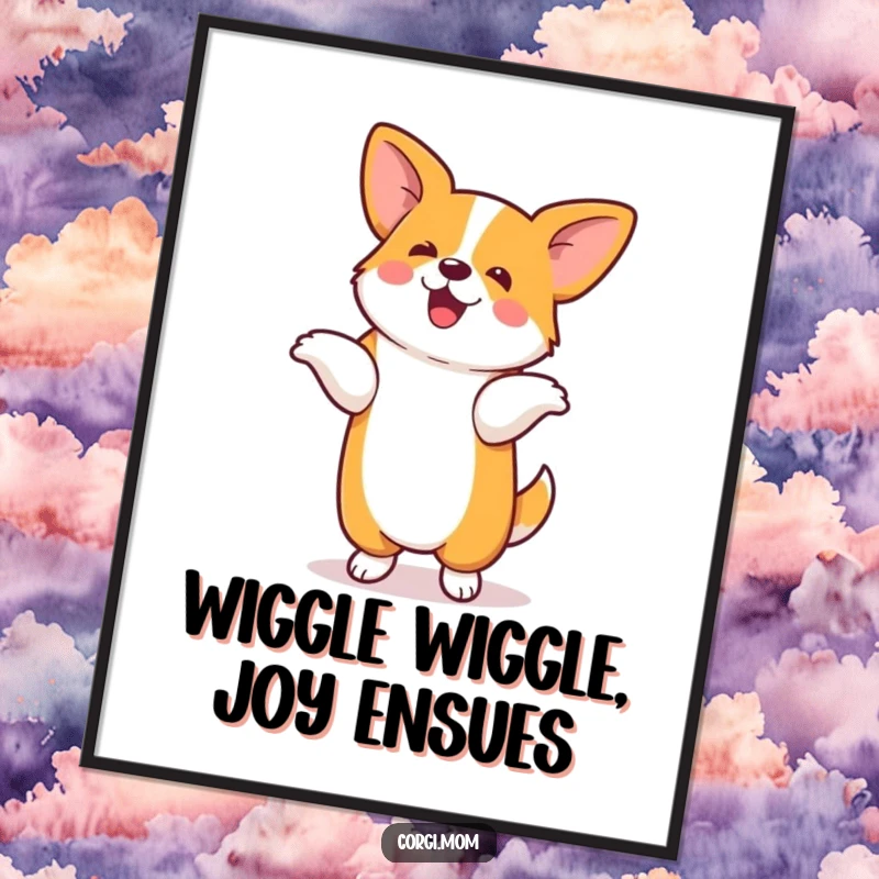 Funny Free Printable Wall Art: A cute kawaii corgi captured mid-silly dance on its hind legs, radiating pure fun.