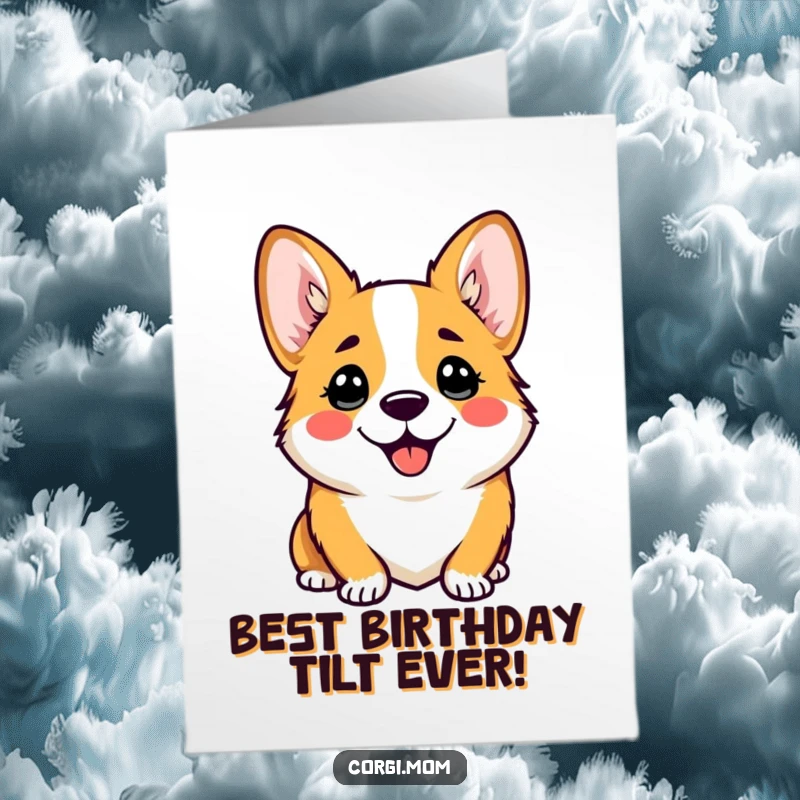 Funny Free Printable Birthday Card: Cute kawaii corgi with a comically happy and inquisitive head tilt, conveying pure delight.