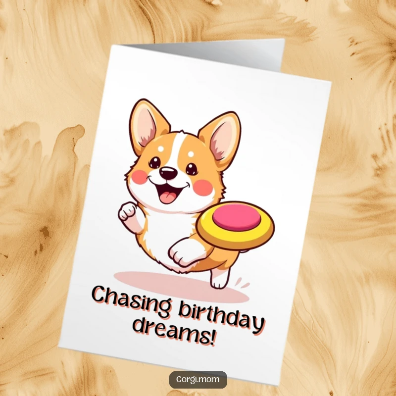 Funny Free Printable Birthday Card: A Kawaii Corgi gleefully chasing a bright frisbee, legs pumping.