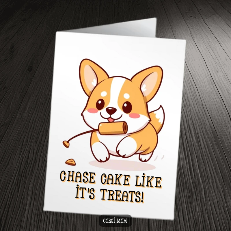 Funny Free Printable Birthday Card: A kawaii Corgi with a determined expression chases a rolling treat, focused on fun.
