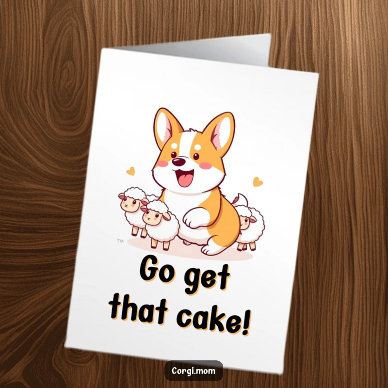Funny Free Printable Birthday Card: Kawaii corgi intensely herding imaginary sheep with hilarious focus and a wagging tail.