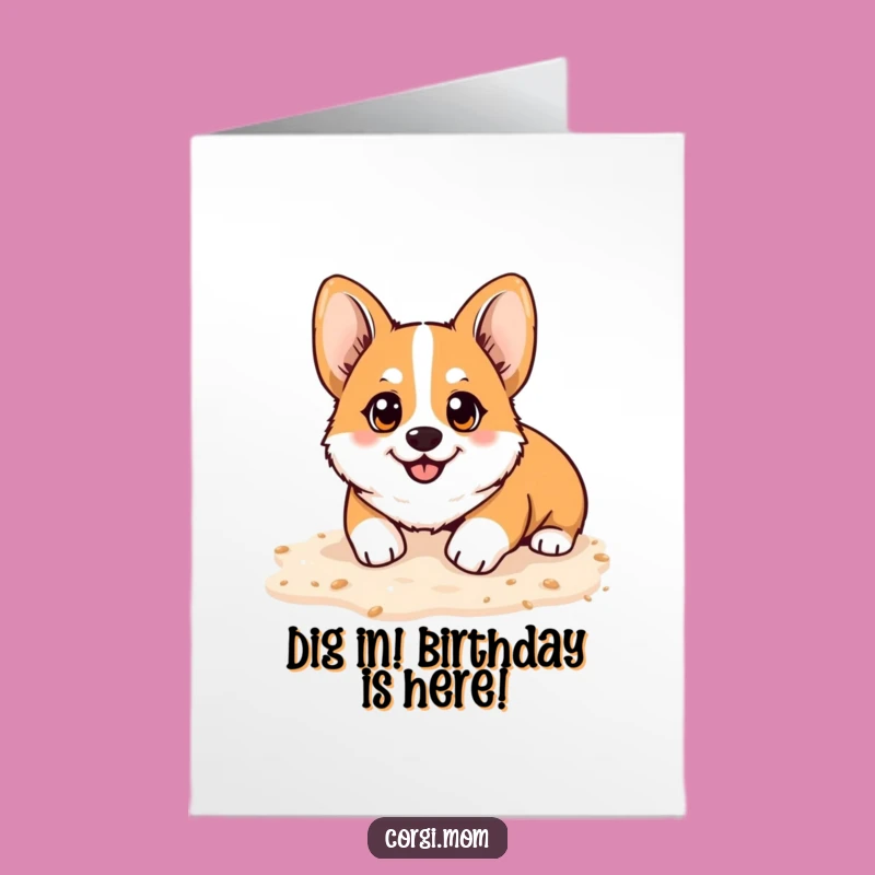 Free Printable Birthday Card: Happy Corgi Digging Sand, Joyful Pup, Downloadable Gift!
