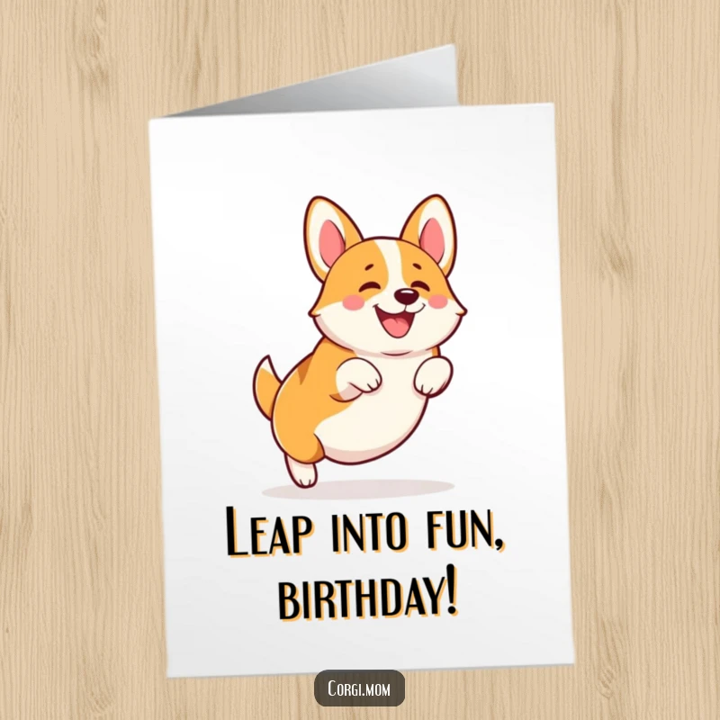 Funny Free Printable Corgi Birthday Card: Joyful Corgi mid-leap, celebrating with stubby leg power.