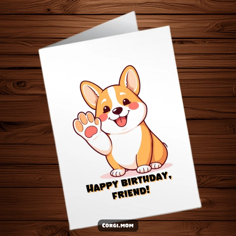 Funny Free Printable Corgi Birthday Card: Dog offering a friendly paw with a happy pant, ready to celebrate with you.