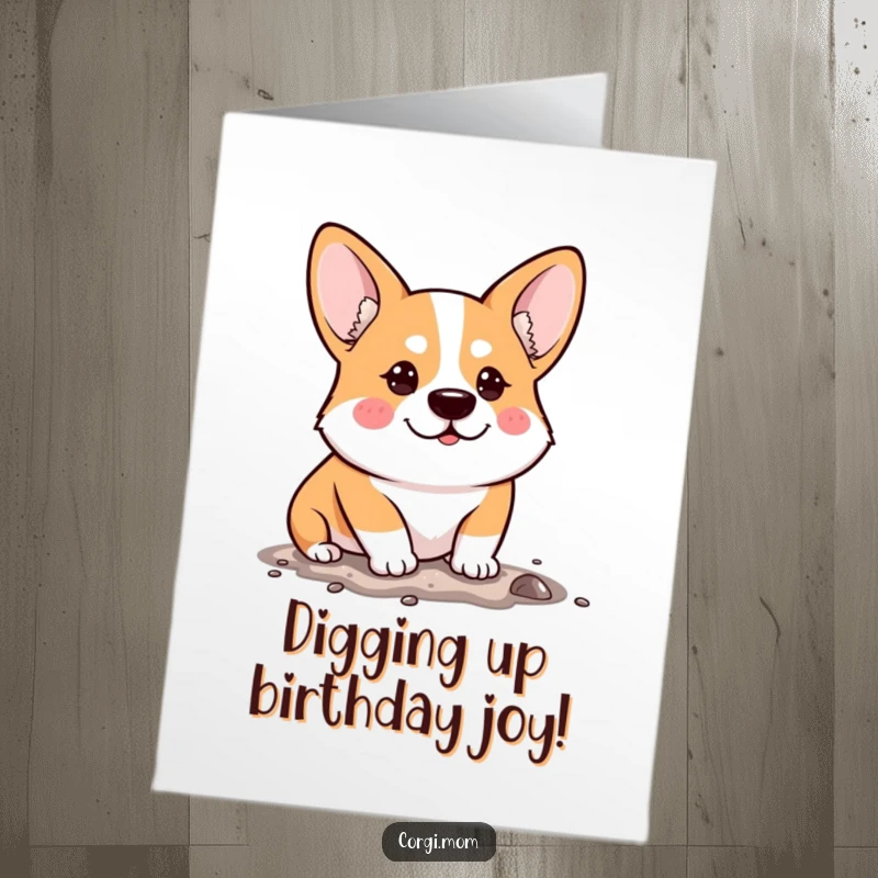 Funny Free Printable Birthday Card of a kawaii corgi with a determined expression, actively trying to dig.