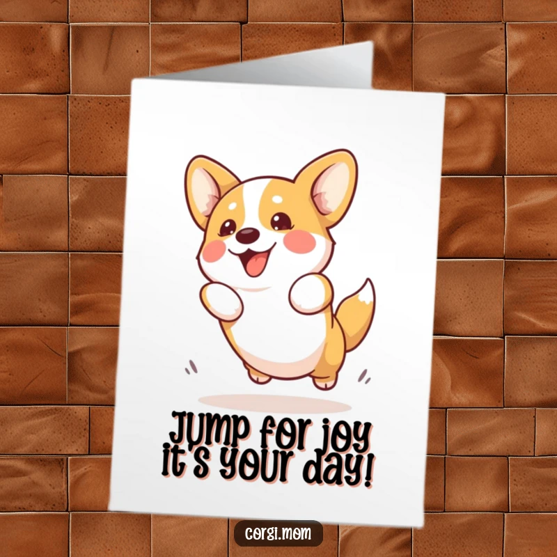 Funny Free Printable Birthday Card: Kawaii Corgi leaping with pure joy and excitement for a special celebration.
