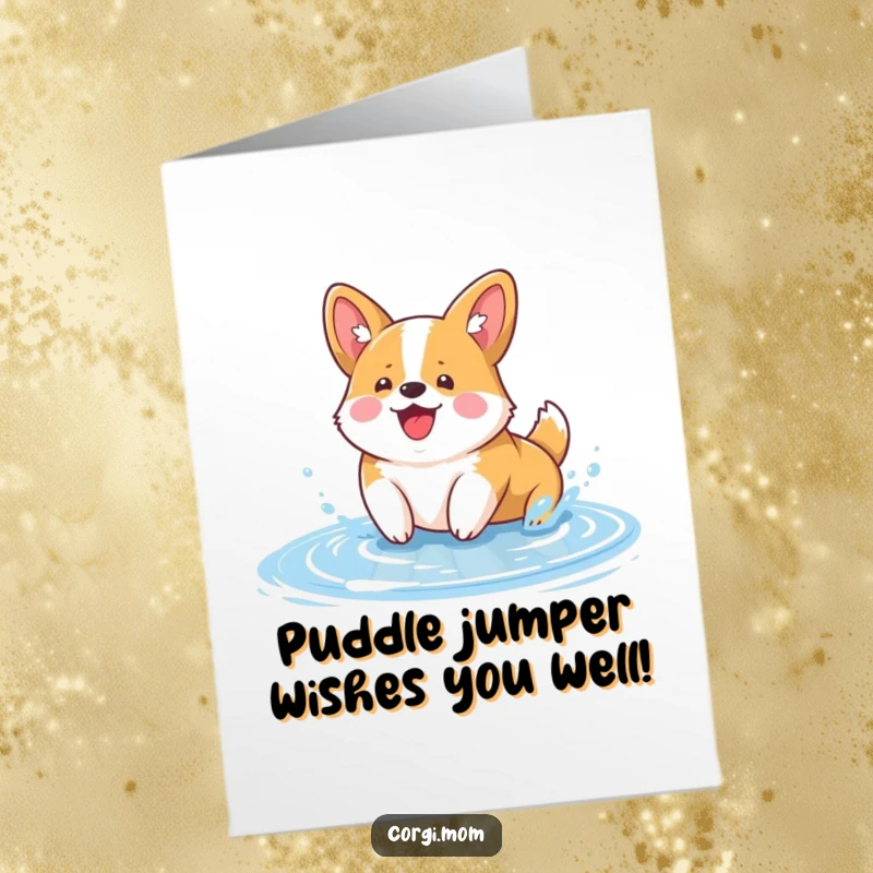 Funny Free Printable Birthday Card featuring a happy Kawaii Corgi gleefully splashing water in a tiny puddle.