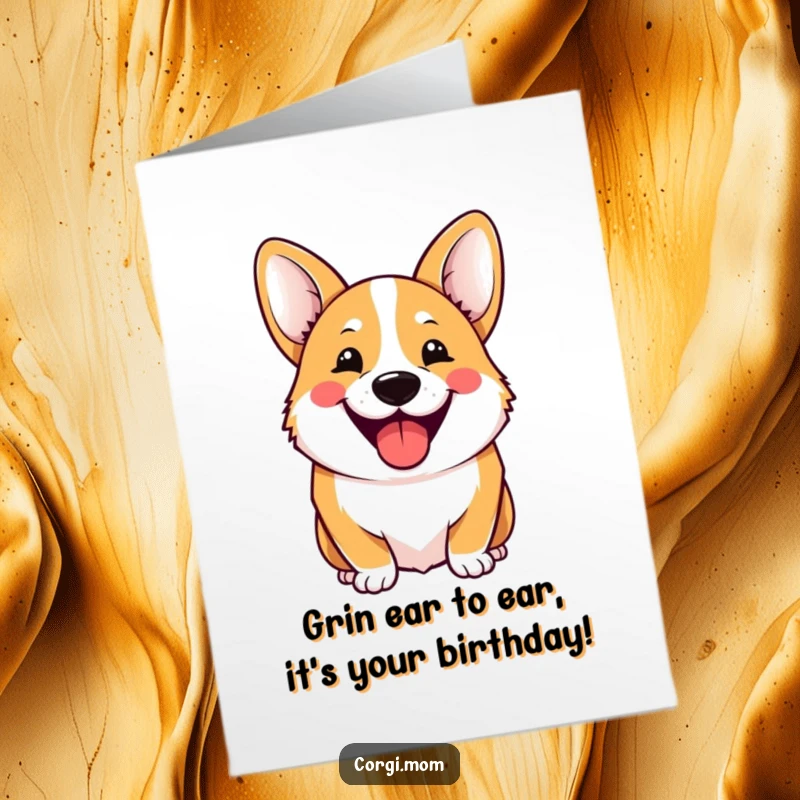 Funny Free Printable Birthday Card of a super cheerful kawaii corgi with a massive, happy grin.