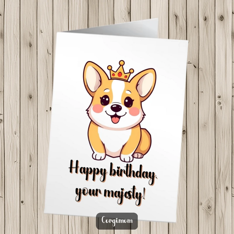 Funny Free Printable Birthday Card: A happy Corgi wearing a tiny golden crown, looking regal and ready to party.