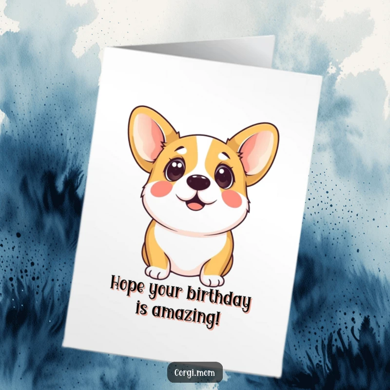 Funny Free Printable Birthday Card: Kawaii corgi with wide, eager eyes looking up, full of anticipation and birthday cheer.