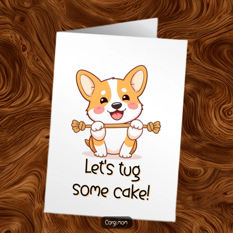 Funny Free Printable Birthday Card: Kawaii Corgi with happy snort, playing tug-of-war with gusto.
