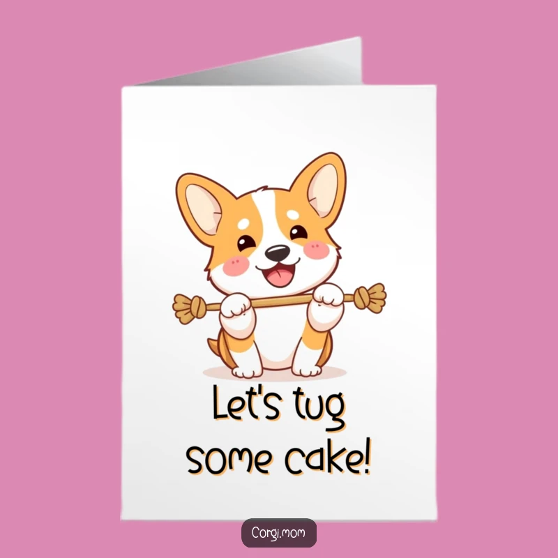 Free Printable Birthday Card: Energetic Corgi Tug of War, Funny Dog Gift