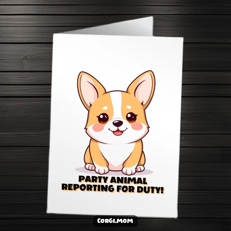 Funny Free Printable Kawaii Corgi Birthday Card: Alert dog with perked ears, looking excited for cake, ready to celebrate.