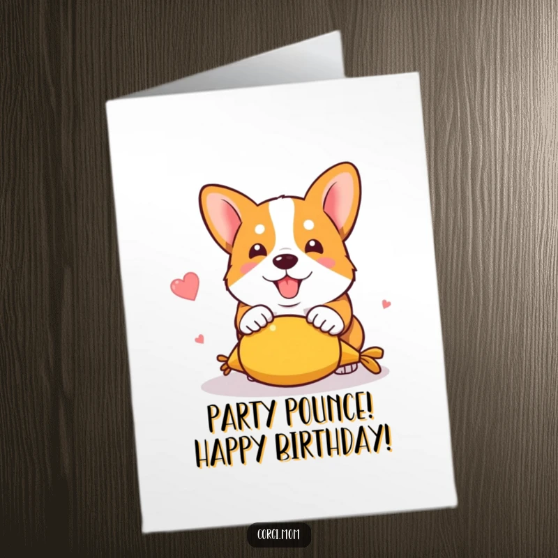 Funny Free Printable Birthday Card: Kawaii corgi mid-pounce on a squeaky toy, capturing pure playful joy and birthday wishes.