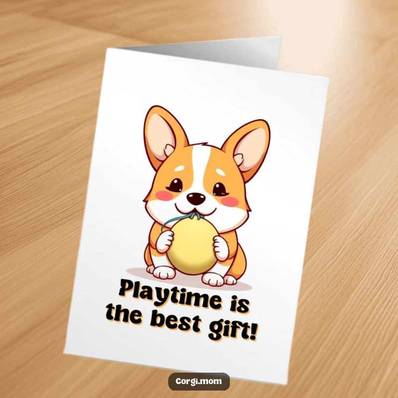 Funny Free Printable Birthday Card: Adorable kawaii corgi offering a drool-covered ball with a big, hopeful smile for a game.