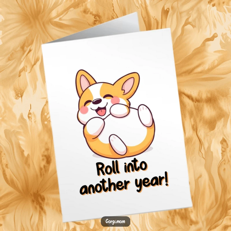 Funny Free Printable Birthday Card: Kawaii Corgi rolling on back, pure joy, delightful expression, ready for laughs.