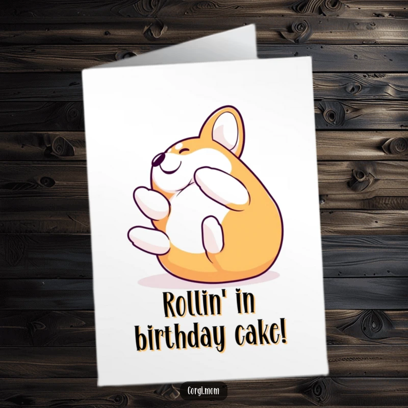 Funny Free Printable Corgi Birthday Card: Adorable dog joyfully rolling on its back in pure delight.