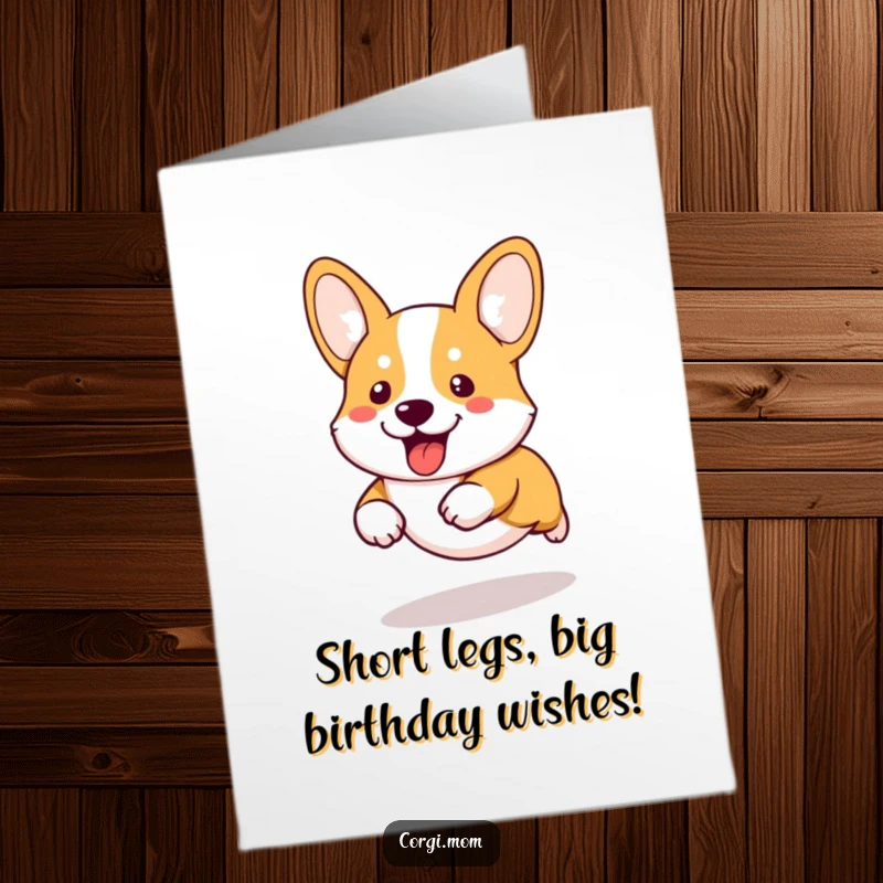 Funny Free Printable Birthday Card: Kawaii corgi with short legs running fast, full of joyous energy, ready to party.