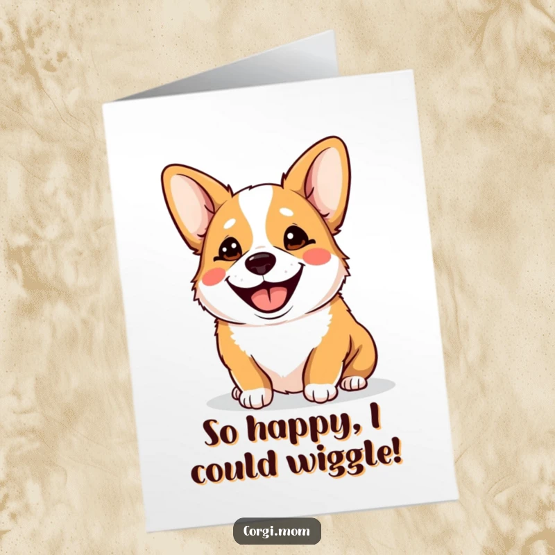 Funny Free Printable Kawaii Corgi Birthday Card: Panting dog with a huge, goofy smile, tongue out, ready to celebrate with pure joy.