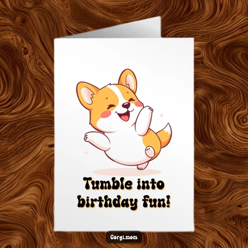 Funny Free Printable Birthday Card: A kawaii corgi in a joyful, happy tumble, expressing pure birthday excitement.