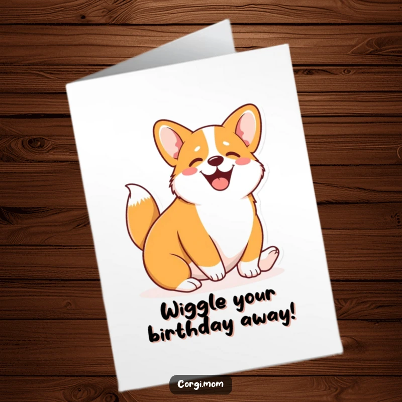 Funny Free Printable Birthday Card: A cute Kawaii Corgi is wiggling its whole body with uncontainable, pure happiness.