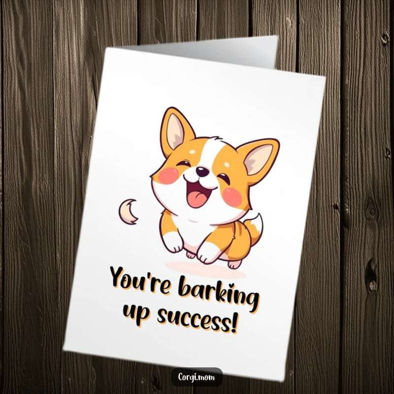 Funny Free Printable Congratulations Card: A happy Corgi character is caught in a gleeful tail-chasing loop, celebrating a win.