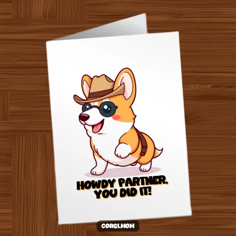 Funny Free Printable Congrats Card: Kawaii Corgi wearing a tiny cowboy hat, proudly trotting, celebrating success, western.