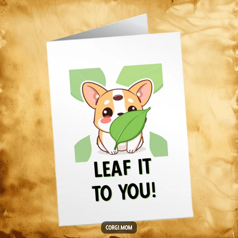 Funny Free Printable Congrats Card: Kawaii Corgi with innocent eyes, tilting its head at a floating leaf.