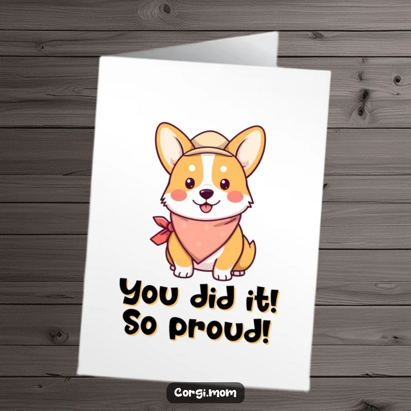 Funny Free Printable Congrats Card: Kawaii corgi sporting a bandana and hat, looking ready to celebrate your success.