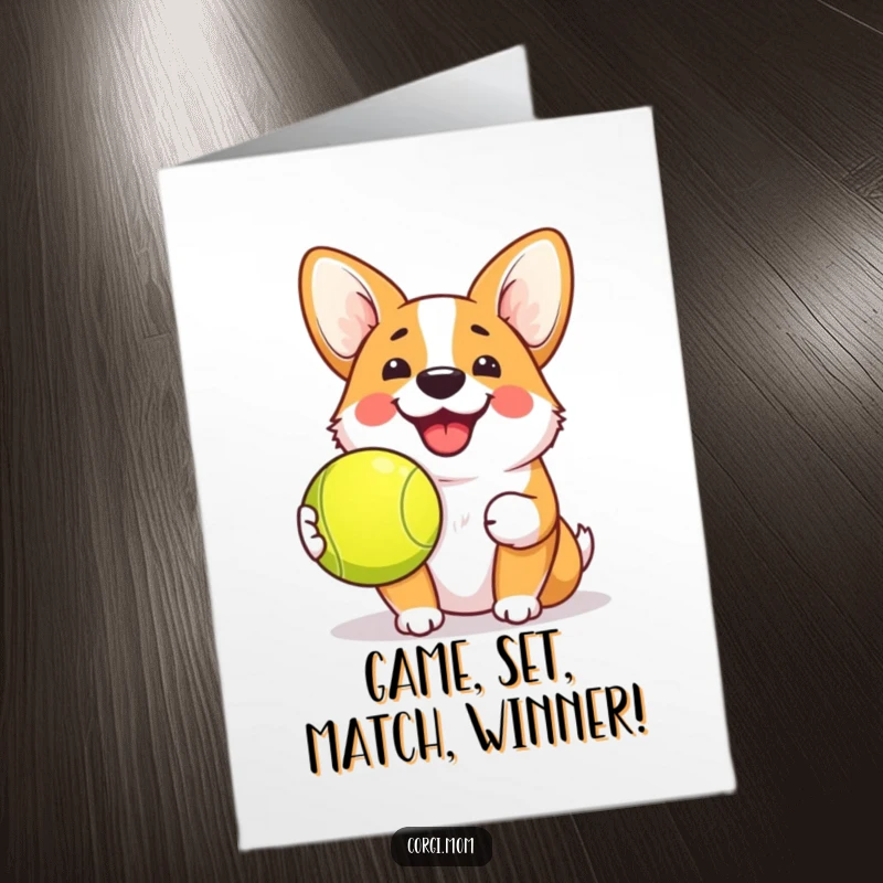 Free Printable Congratulations Card: A cute corgi with a big grin proudly holding a tennis ball, ready to celebrate.