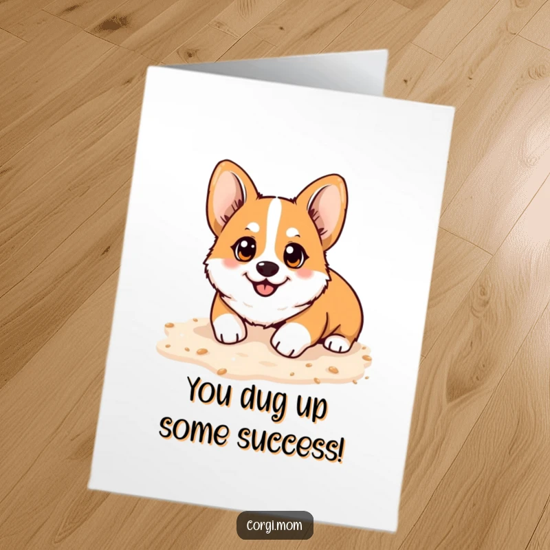 Funny free printable congratulations card: A kawaii Corgi with bright, happy eyes eagerly digs into soft sand with playful abandon.