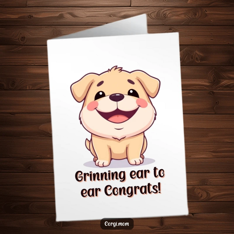 Humorous free printable congratulations card featuring a squat dog with an infectious, wide, happy grin, celebrating any achievement.