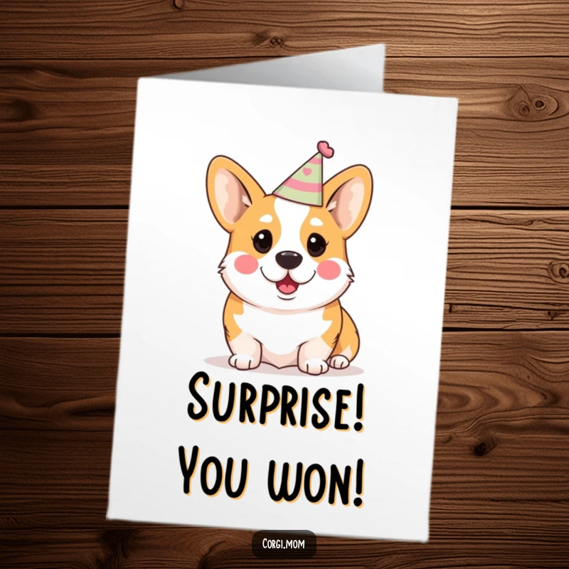 Free Printable Congratulations Card: A Kawaii Corgi in a party hat looks genuinely surprised by the celebration.