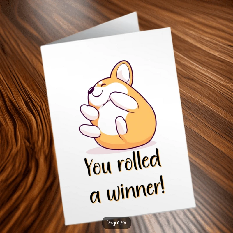 Funny Free Printable Corgi Congratulations Card: Happy dog rolling with excitement celebrating achievements.