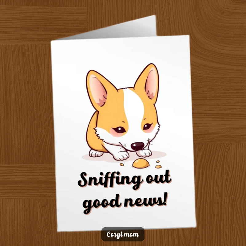 Funny Free Printable Congratulations Card: Kawaii Corgi intently sniffing something mysterious on the ground.