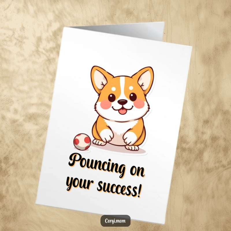 Free Printable Congratulations Card: A Kawaii Corgi in a serious squat, tail wagging slightly, ready to spring.