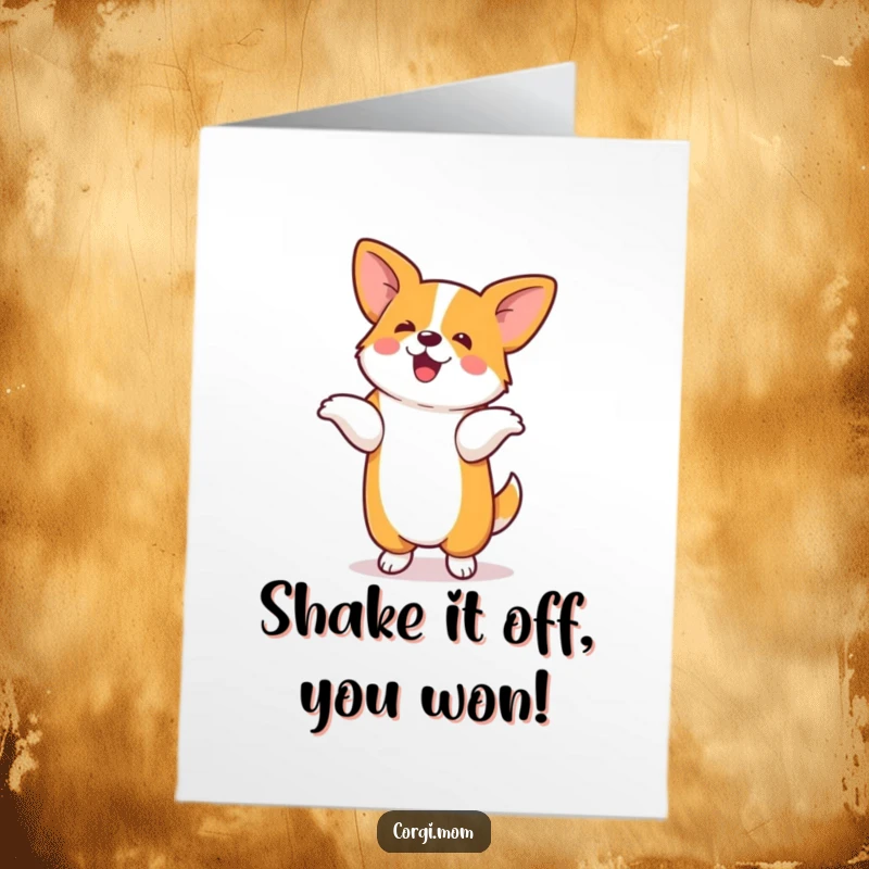 Funny Free Printable Congrats Card: Hilarious kawaii corgi performing a silly dance on hind legs to celebrate a big accomplishment.