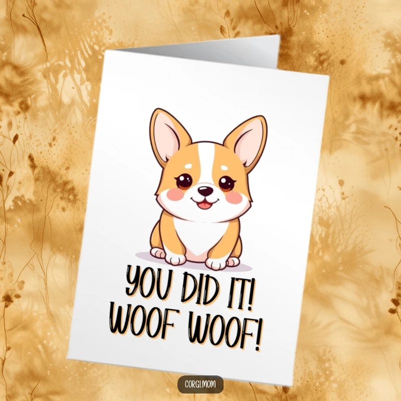 Funny Free Printable Kawaii Corgi Congrats Card: Alert dog with perked ears, beaming with pride for your success, ready to party.