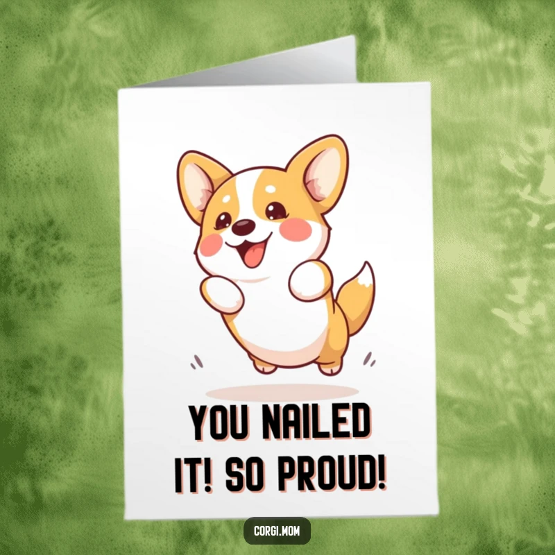 Funny Free Printable Congratulations Card: Kawaii Corgi captured mid-air, celebrating a big success with boundless enthusiasm.