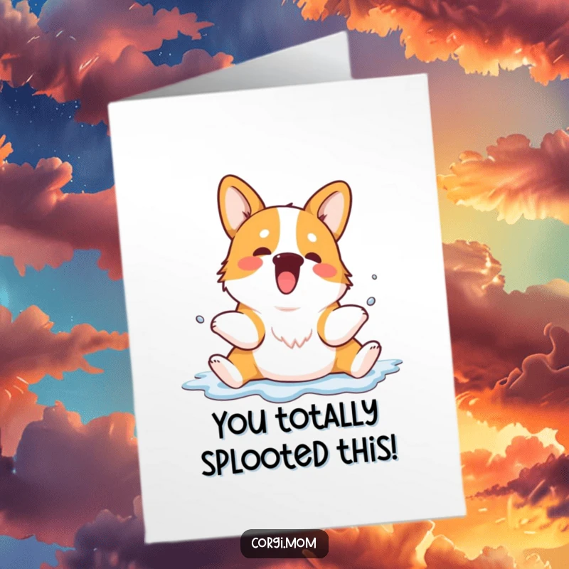 Funny Free Printable Corgi Congratulations Card: A kawaii corgi in a classic sploot pose, celebrating your amazing achievement with pure joy.