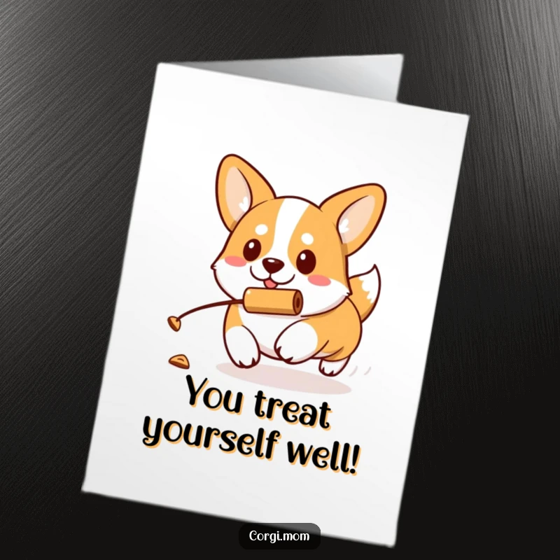 Funny Free Printable Congratulations Card: A kawaii Corgi with a determined expression chases a rolling treat, celebrating your success.