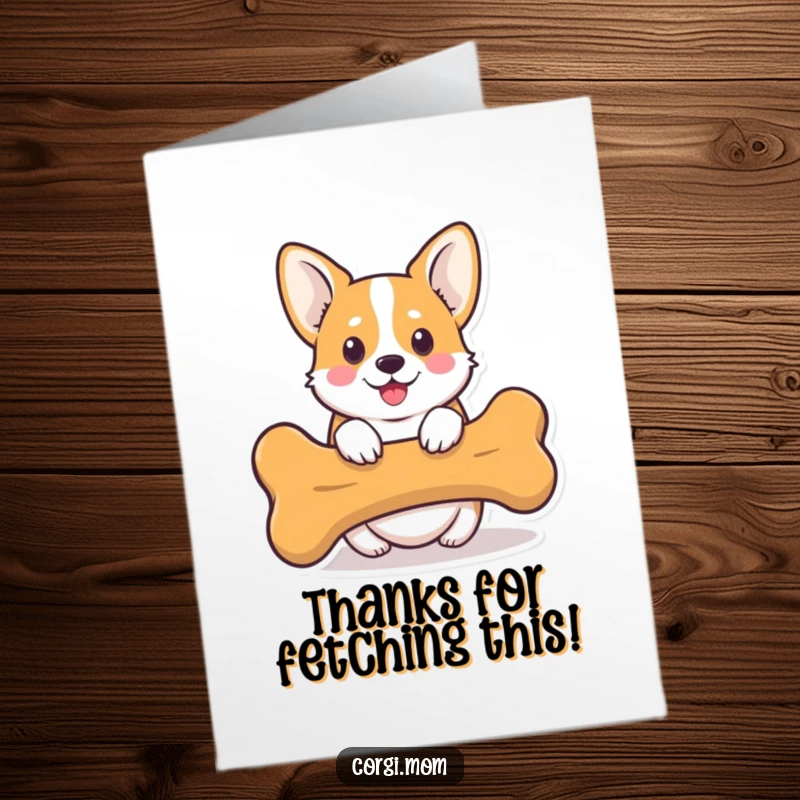 Funny Free Printable Thank You Card: Cute kawaii Corgi peeking from behind a giant bone, conveying sweet appreciation.