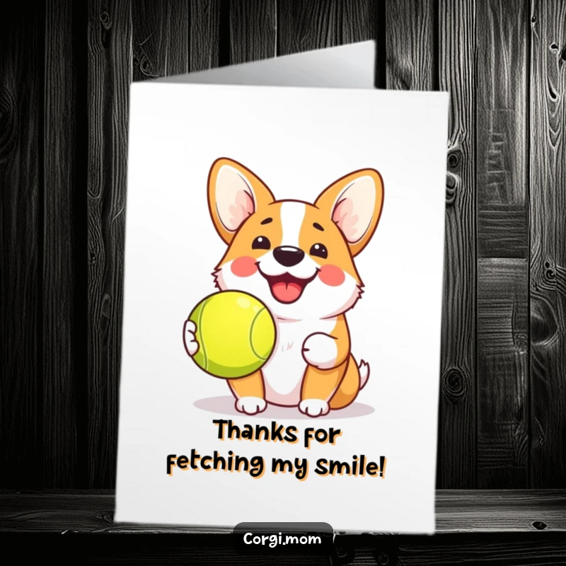 Funny Free Printable Thank You Card: A kawaii corgi with a cheerful grin, holding a tennis ball, saying thanks.