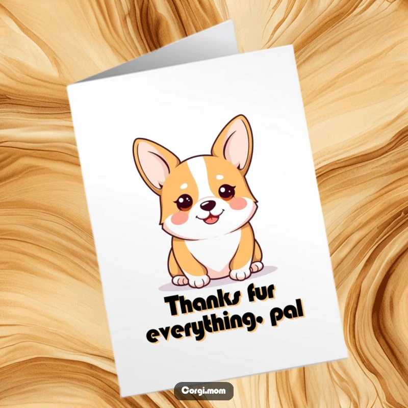 Funny Free Printable Kawaii Corgi Thank You Card: Alert dog with perked ears, happily saying thank you, tail wagging with joy.